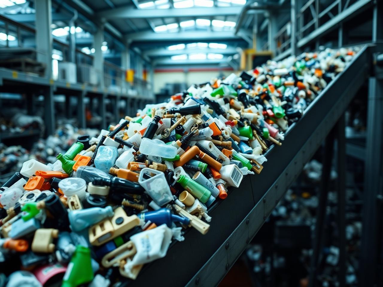 Plastica mista non riciclabile su un nastro di selezione industriale